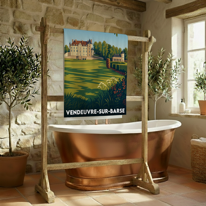 Serviette de bain souvenir de la ville de Vendeuvre-sur-Barse ornée d'une illustration stylisée de son château.