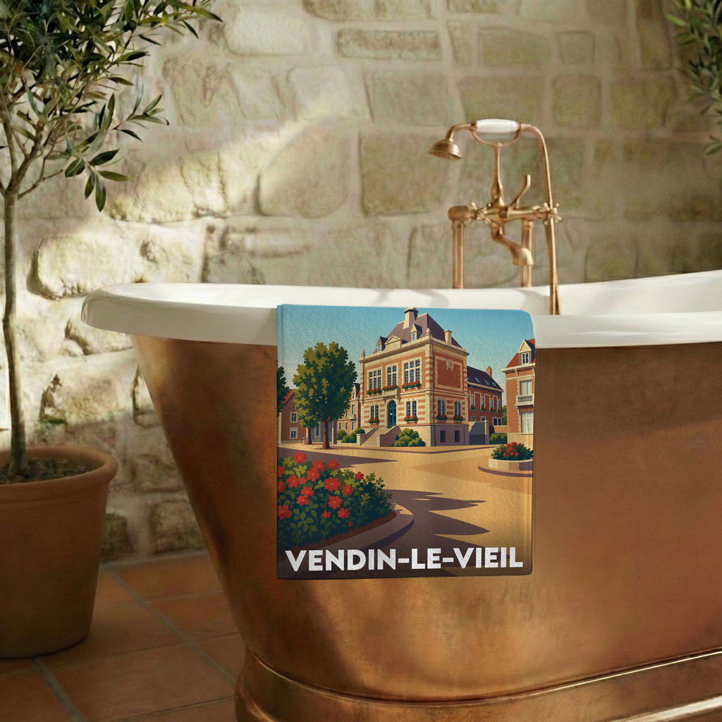 Serviette de bain souvenir de la ville de Vendin-le-Vieil avec une illustration stylisée.