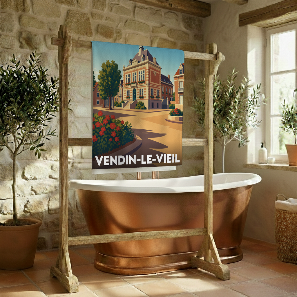 Serviette de bain souvenir de la ville de Vendin-le-Vieil avec une illustration stylisée.