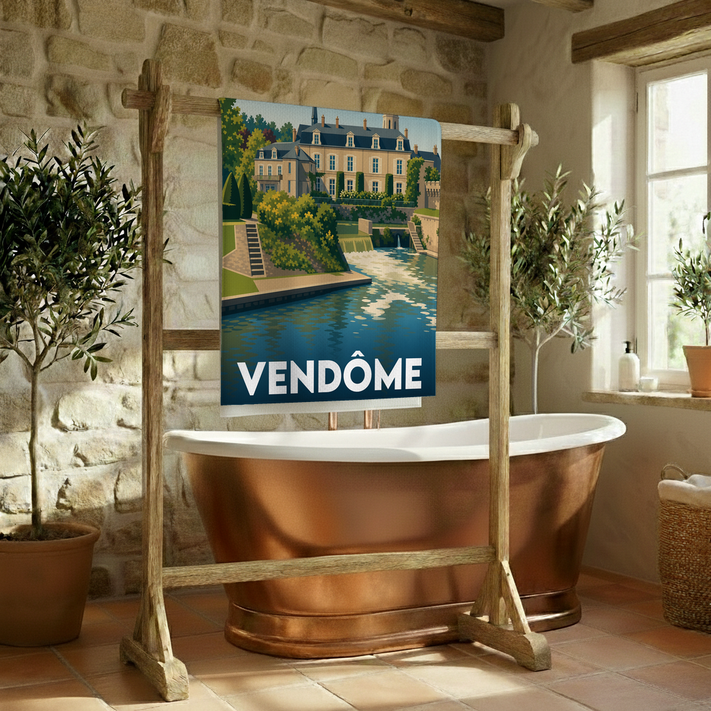 Serviette de bain souvenir de la ville de Vendôme avec une illustration stylisée.