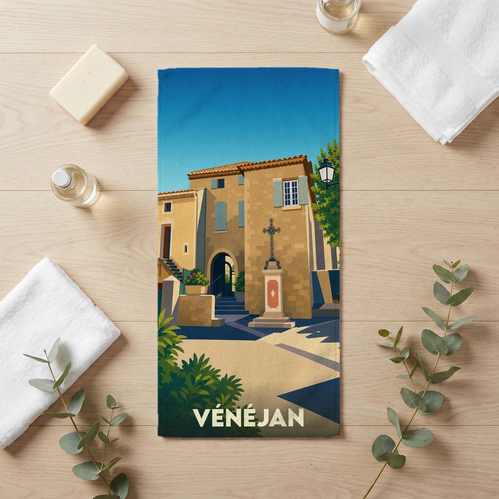 Serviette de bain souvenir de la ville de Vénéjan avec une illustration stylisée.
