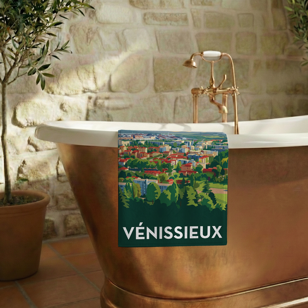 Serviette de bain souvenir de la ville de Vénissieux avec une illustration stylisée.