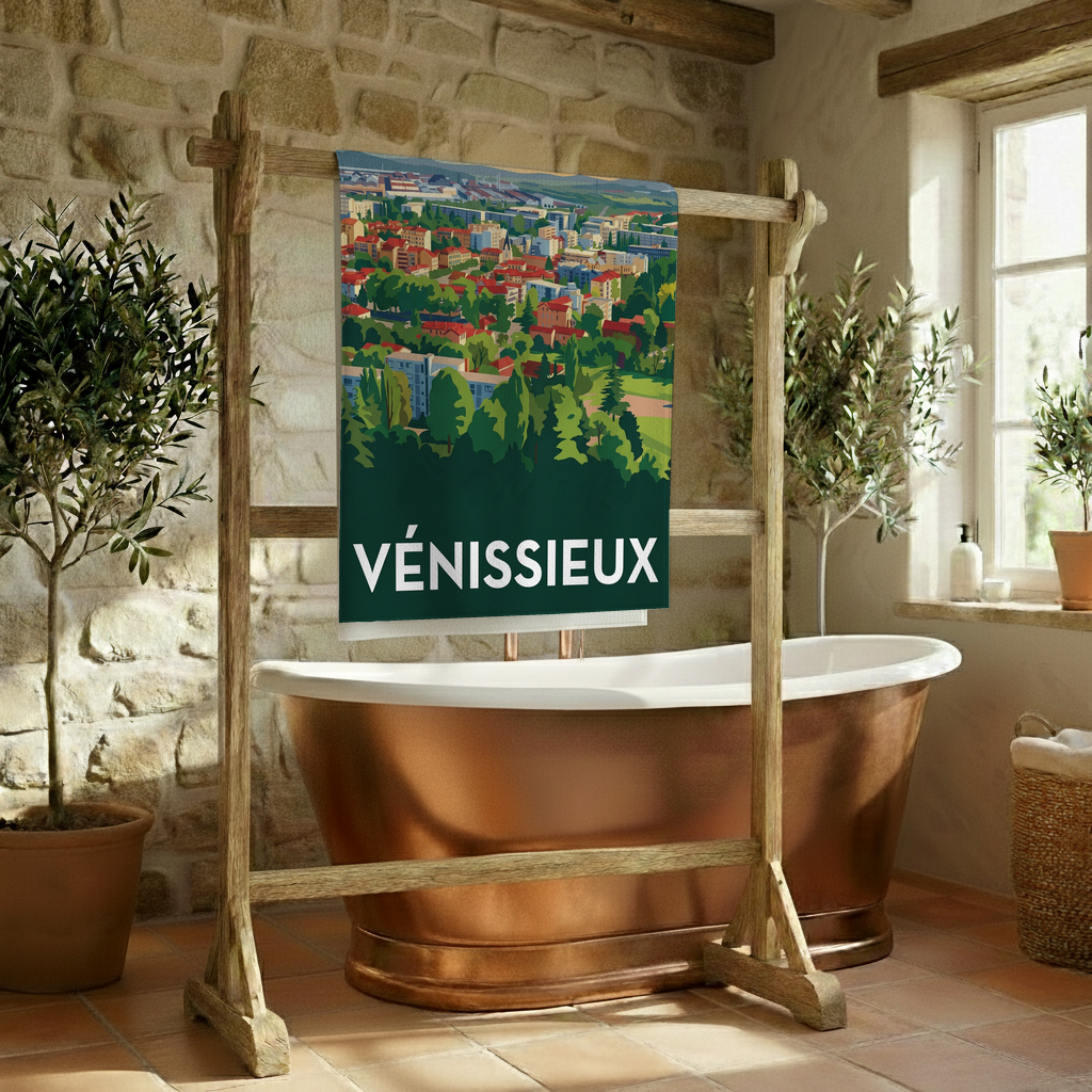Serviette de bain souvenir de la ville de Vénissieux avec une illustration stylisée.