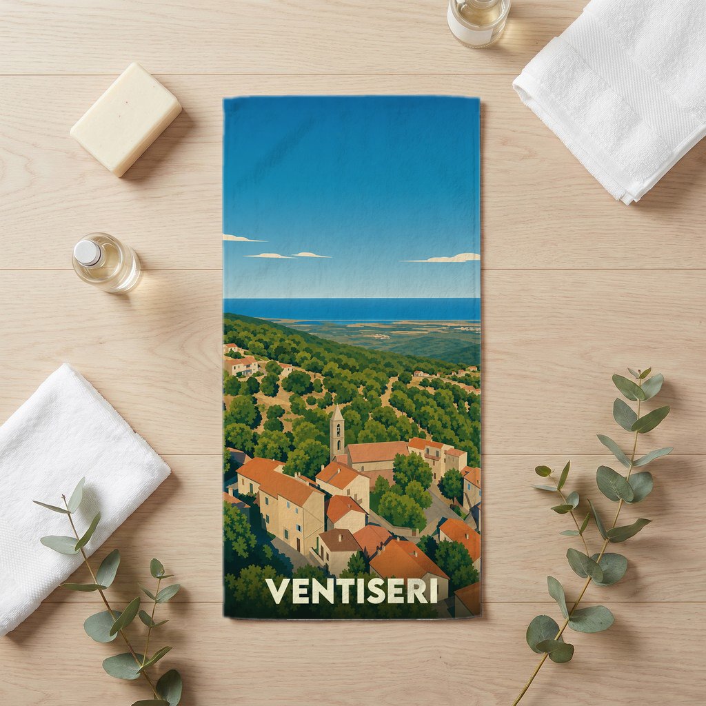 Serviette de bain souvenir de la ville de Ventiseri avec une illustration stylisée d'un village corse.