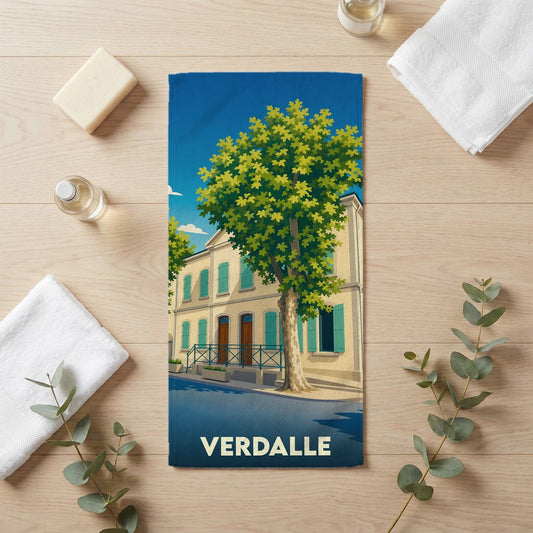 Serviette de bain souvenir de la ville de Verdalle avec une illustration stylisée.