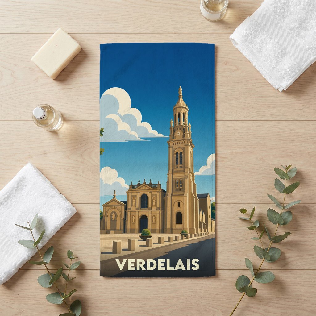 Serviette de bain souvenir de la ville de Verdelais avec une illustration stylisée de sa basilique.