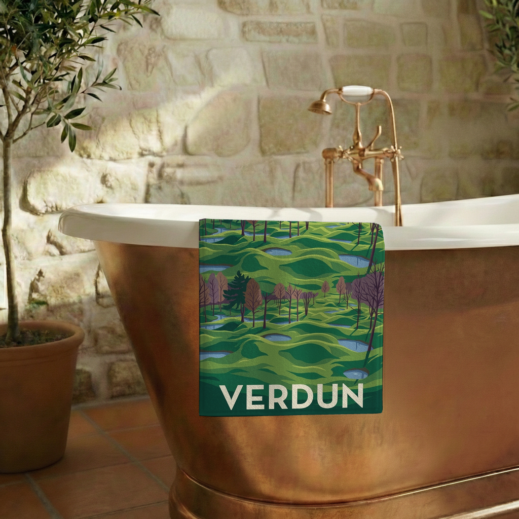 Serviette de bain souvenir de la ville de Verdun avec une illustration stylisée de paysages vallonnés.