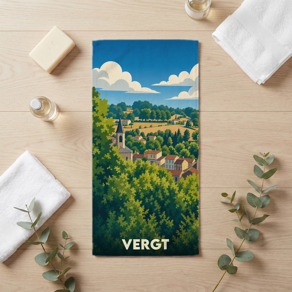 Serviette de bain souvenir de la ville de Vergt avec une illustration stylisée d'un paysage vallonné.