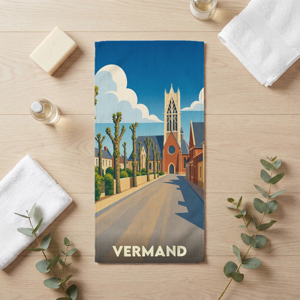 Serviette de bain souvenir de la ville de Vermand avec une illustration stylisée d'une rue menant à l'église.