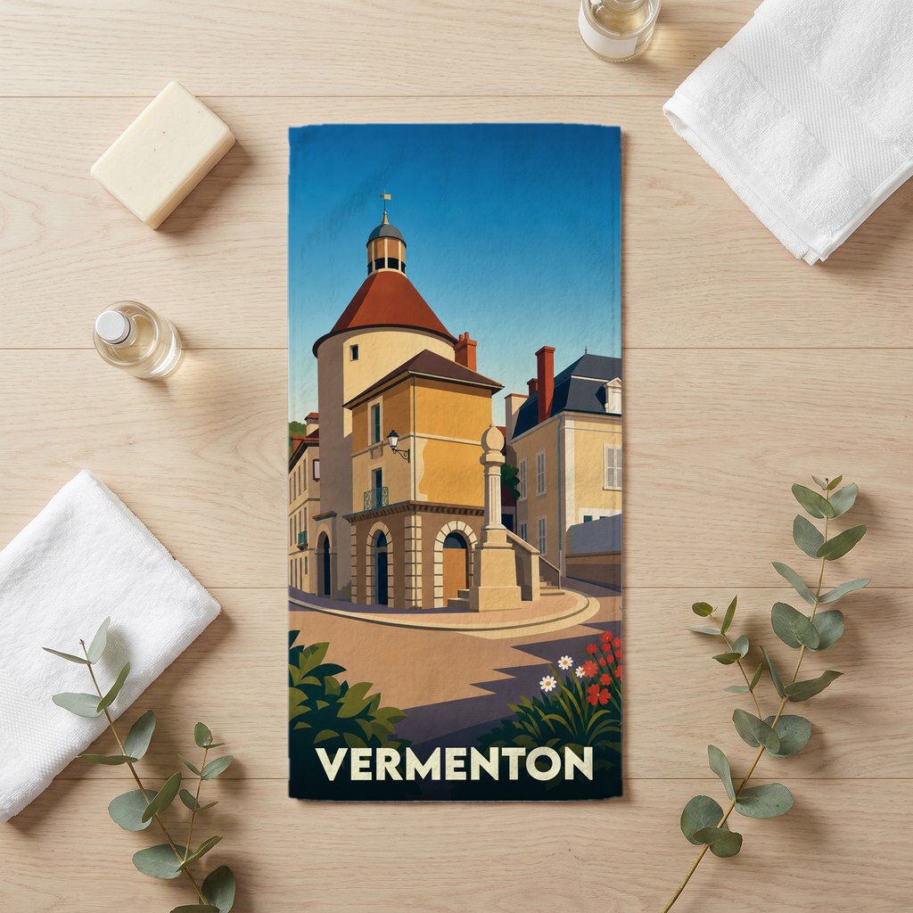 Serviette de bain souvenir de la ville de Vermenton avec une illustration stylisée d'un monument historique.
