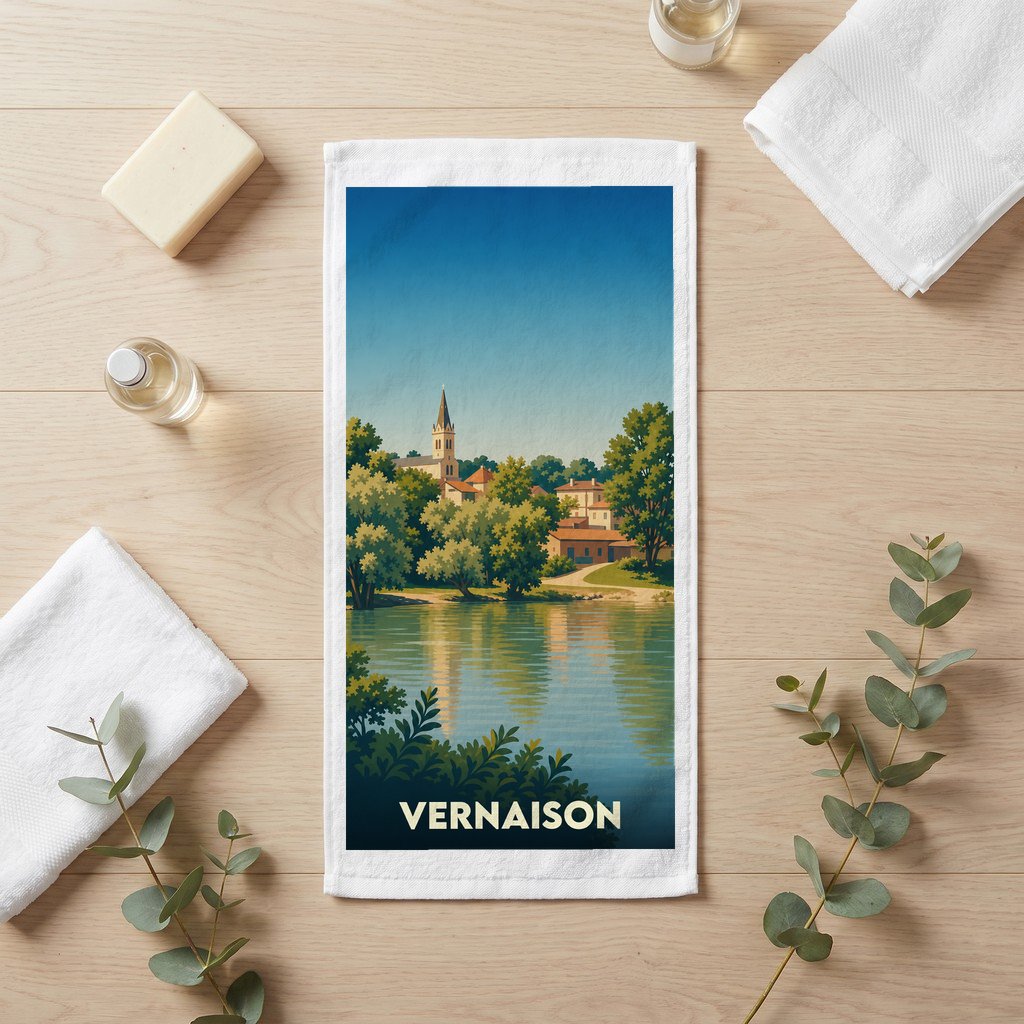 Serviette souvenir de la ville de Vernaison avec une illustration stylisée d'un paysage fluvial.