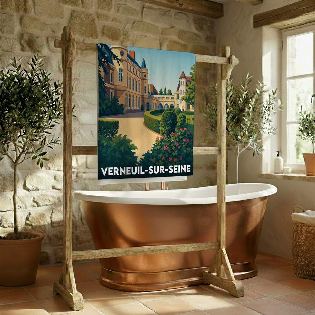 Serviette de bain souvenir de la ville de Verneuil-sur-Seine avec une illustration stylisée.