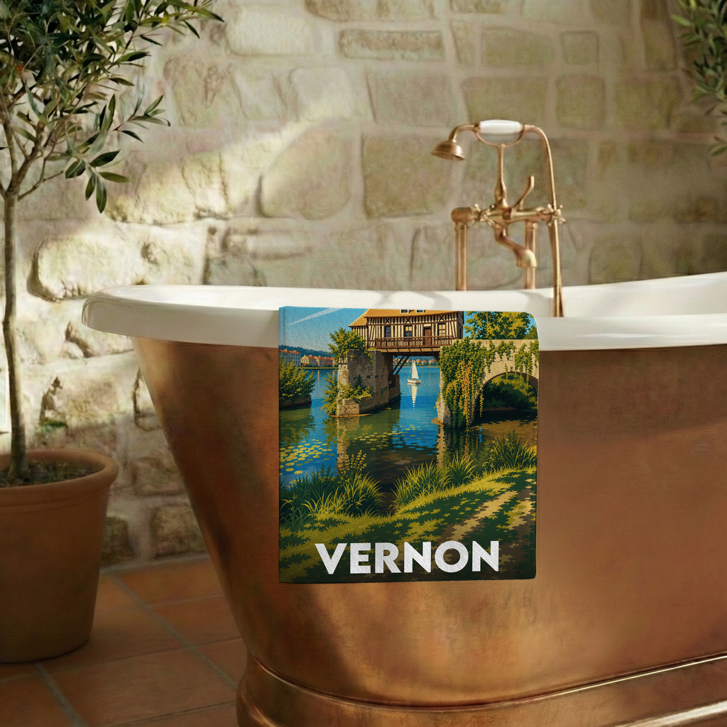 Serviette de bain souvenir de la ville de Vernon avec une illustration stylisée.