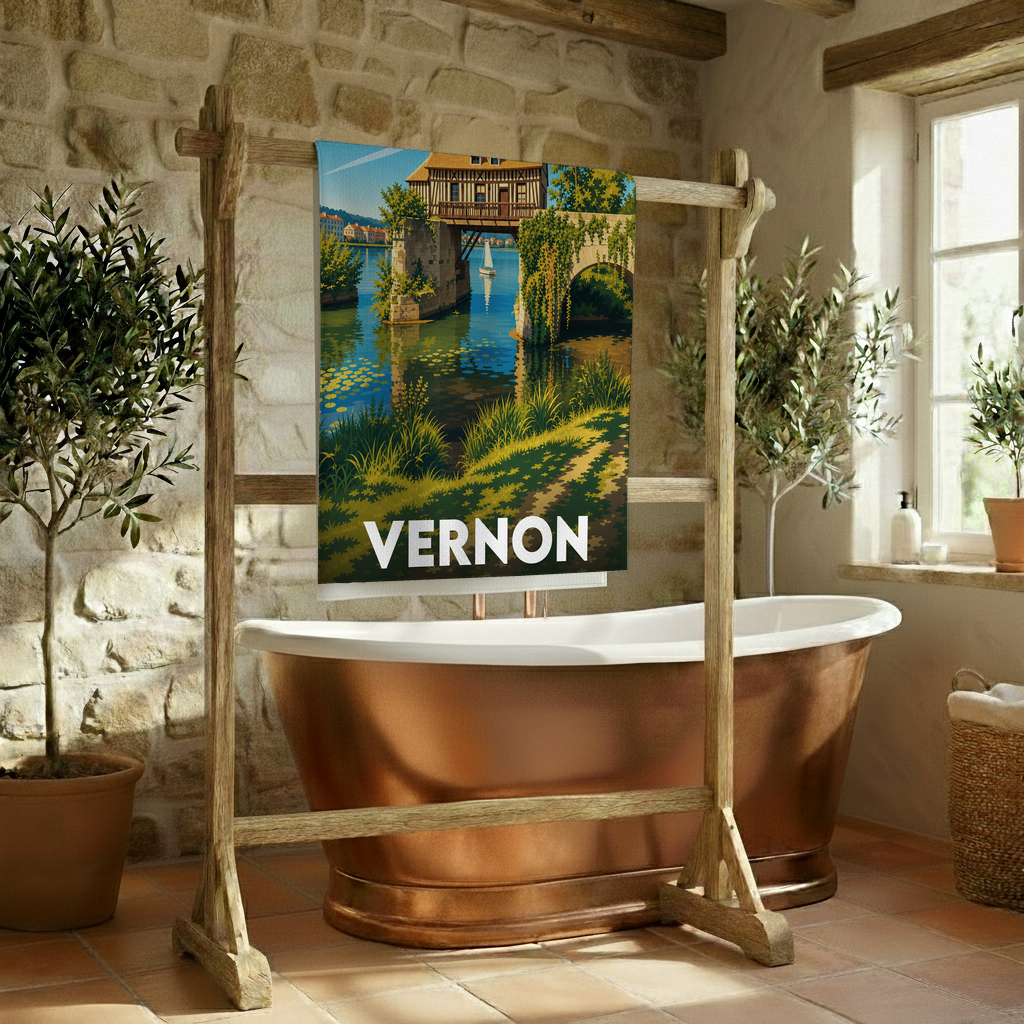 Serviette de bain souvenir de la ville de Vernon avec une illustration stylisée.