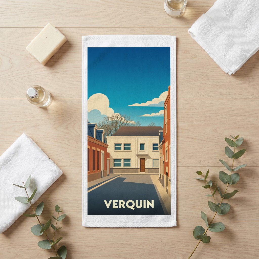 Serviette de bain souvenir de la ville de Verquin avec une illustration stylisée.