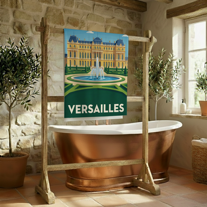 Serviette de bain souvenir de Versailles avec une illustration stylisée du château et de ses jardins.