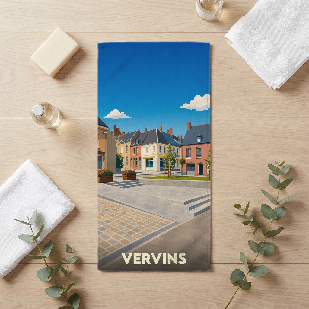 Serviette de bain souvenir de la ville de Vervins illustrée d'une place de ville stylisée.