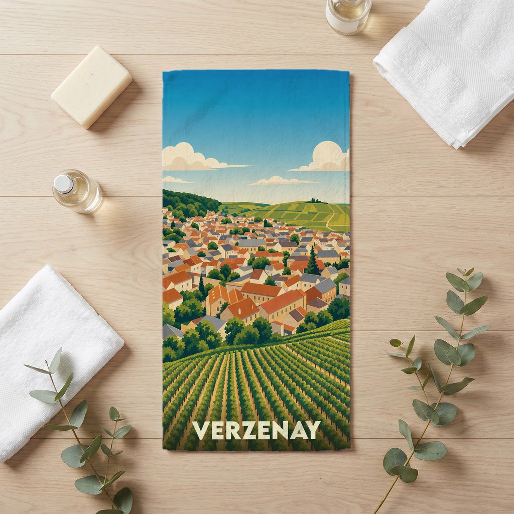 Serviette de bain souvenir de la ville de Verzenay avec une illustration stylisée de son vignoble et de son village.