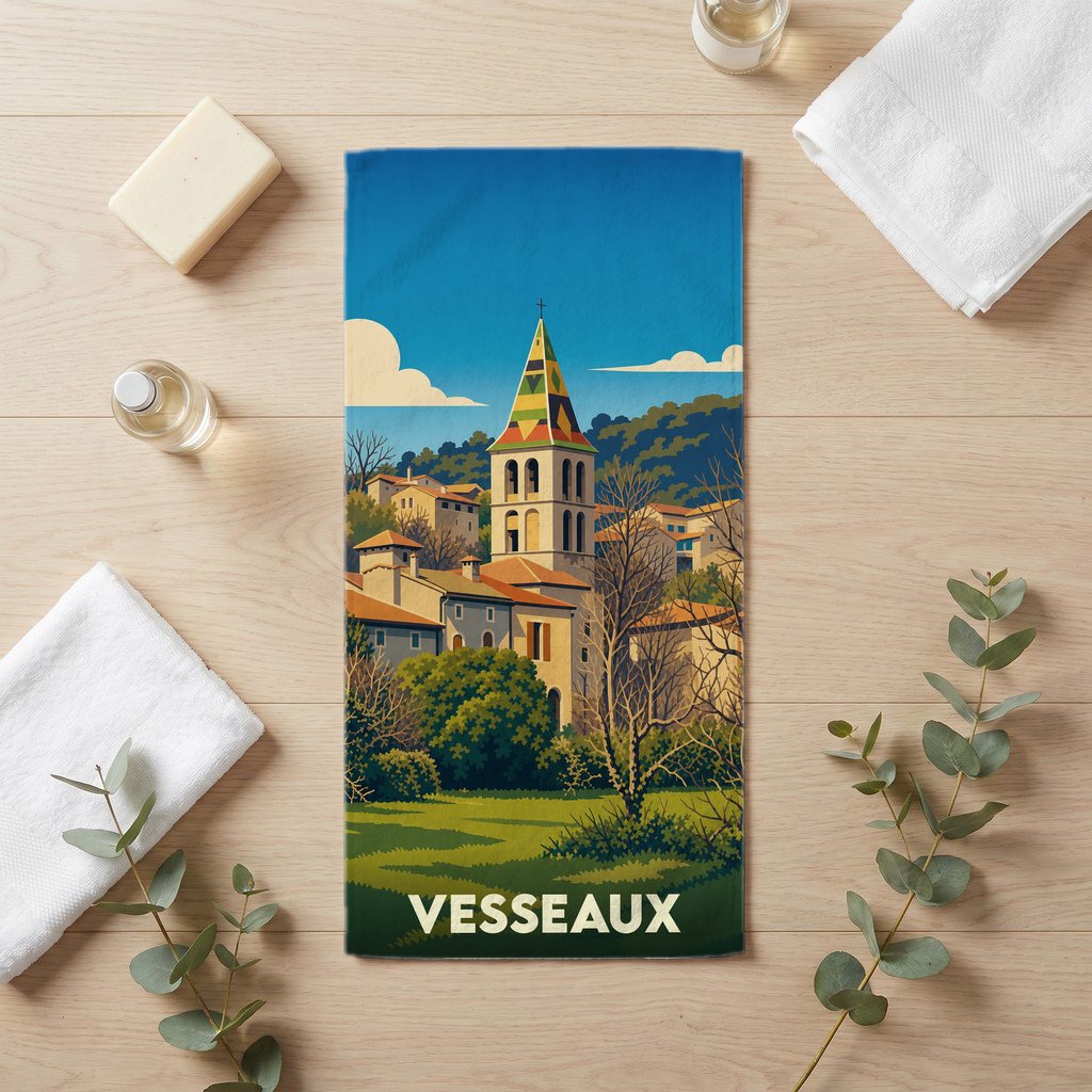 Serviette de bain souvenir de la ville de Vesseaux avec une illustration stylisée.