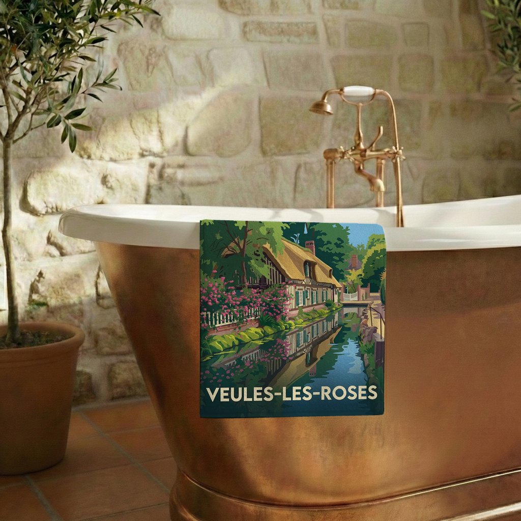 Serviette de bain souvenir de la ville de Veules-les-Roses avec une illustration stylisée.