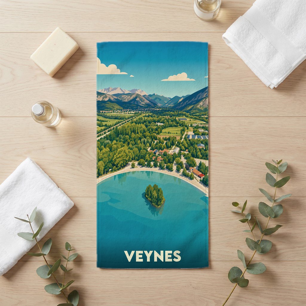 Serviette de bain souvenir de la ville de Veynes avec une illustration stylisée de son lac et des montagnes.