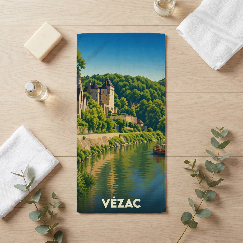 Serviette de bain souvenir de la ville de Vézac avec une illustration stylisée d'un château en bord de rivière.
