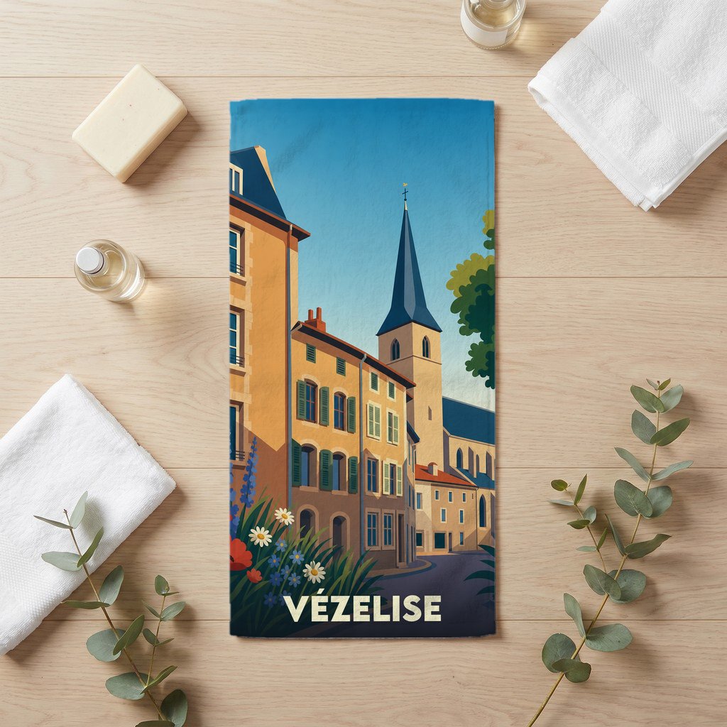 Serviette de bain souvenir de la ville de Vézelise avec une illustration stylisée.