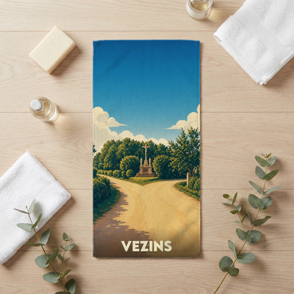 Serviette de bain souvenir de la ville de Vezins illustrant un calvaire au milieu d'un paysage verdoyant.