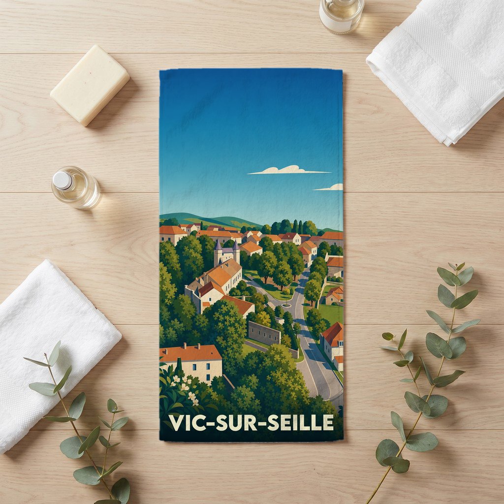Serviette de bain souvenir de la ville de Vic-sur-Seille avec une illustration de paysage urbain.