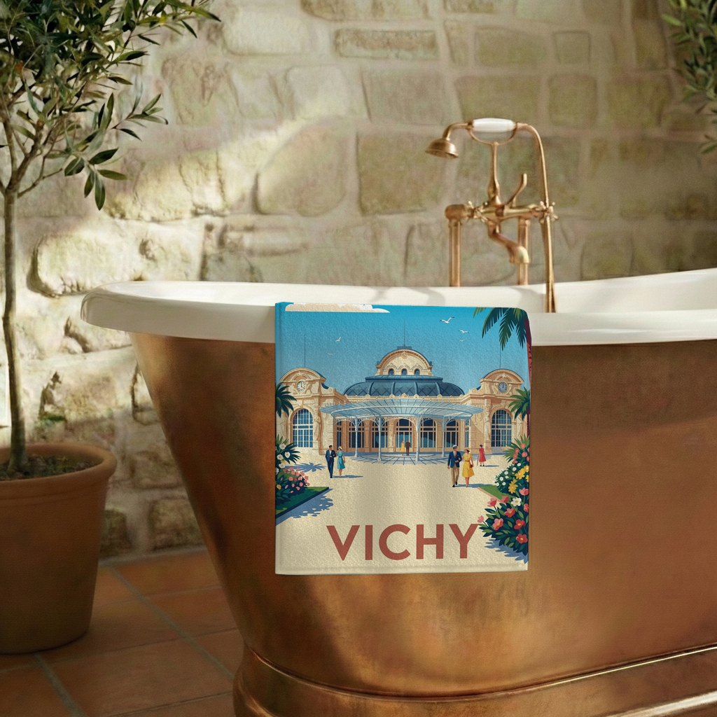 Serviette de bain souvenir de la ville de Vichy avec une illustration stylisée.
