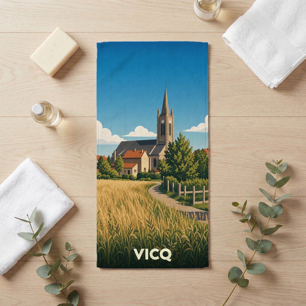 Serviette de bain souvenir de la ville de Vicq ornée d'une illustration stylisée d'un paysage champêtre.