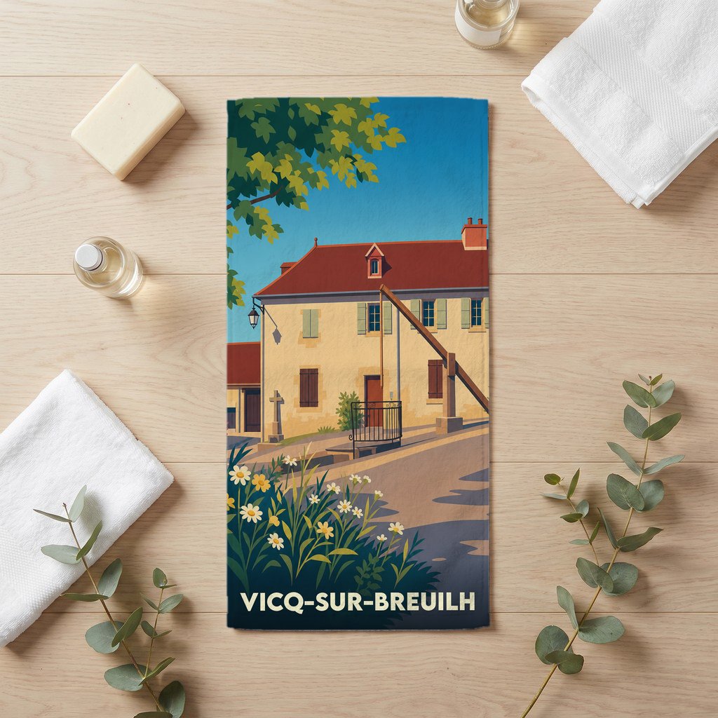 Serviette de bain souvenir de la ville de Vicq-sur-Breuilh avec une illustration stylisée d'un paysage urbain traditionnel.