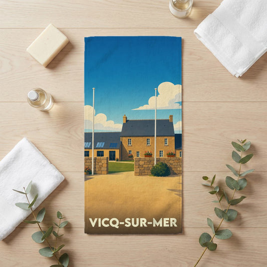 Serviette de bain souvenir de la ville de Vicq-sur-Mer illustrée dans un style rétro.