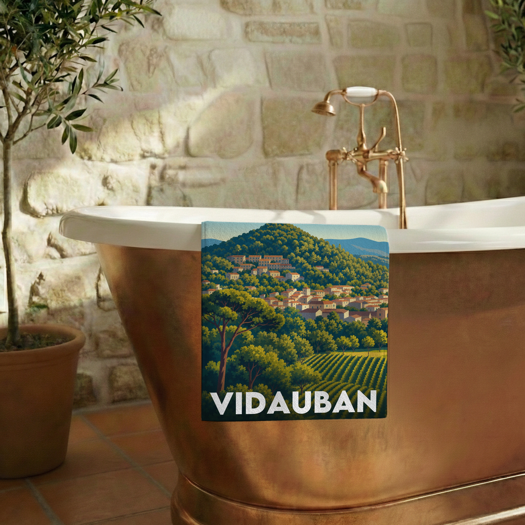 Serviette de bain souvenir de la ville de Vidauban avec une illustration stylisée.