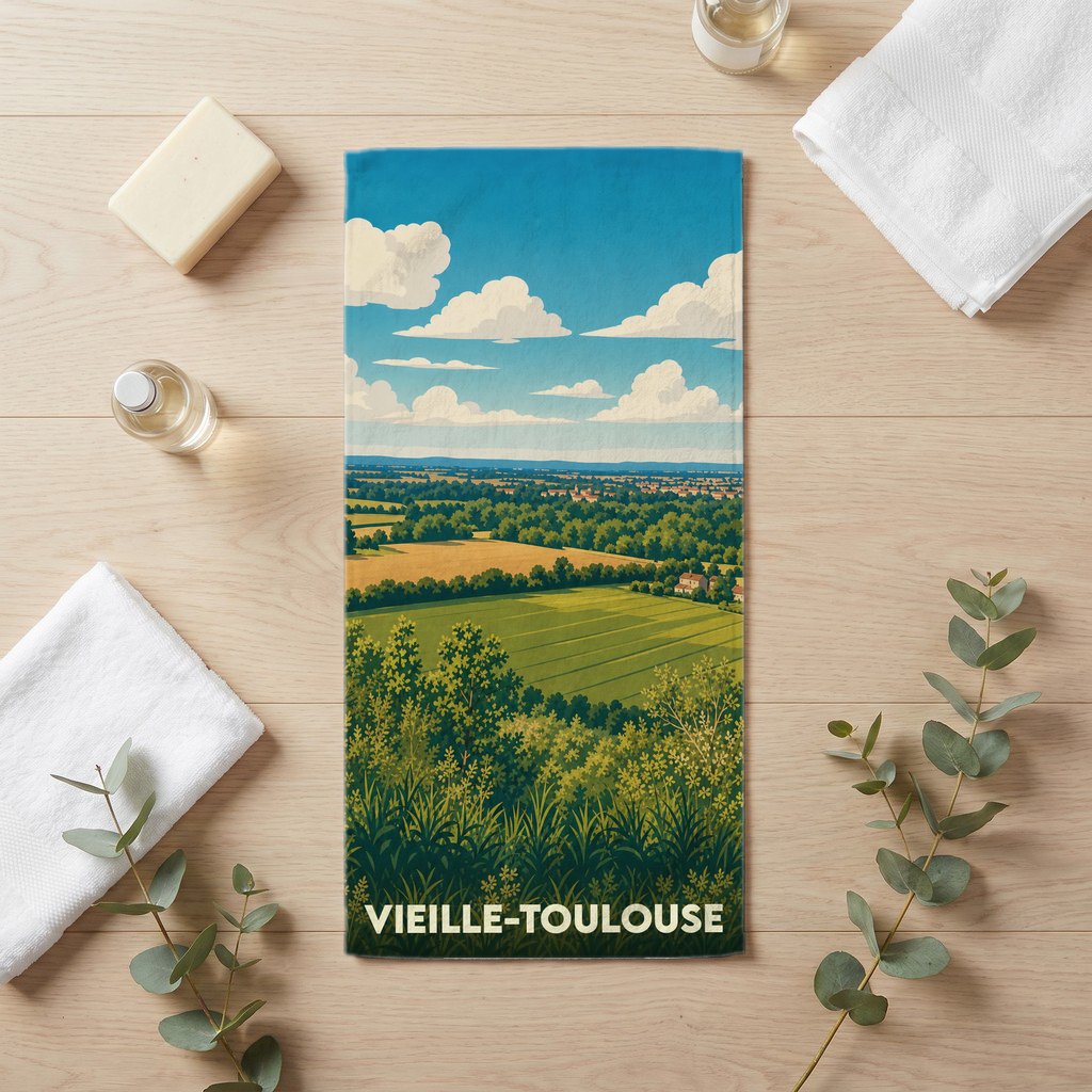Serviette de bain souvenir de la ville de Vieille-Toulouse avec une illustration de paysage champêtre.