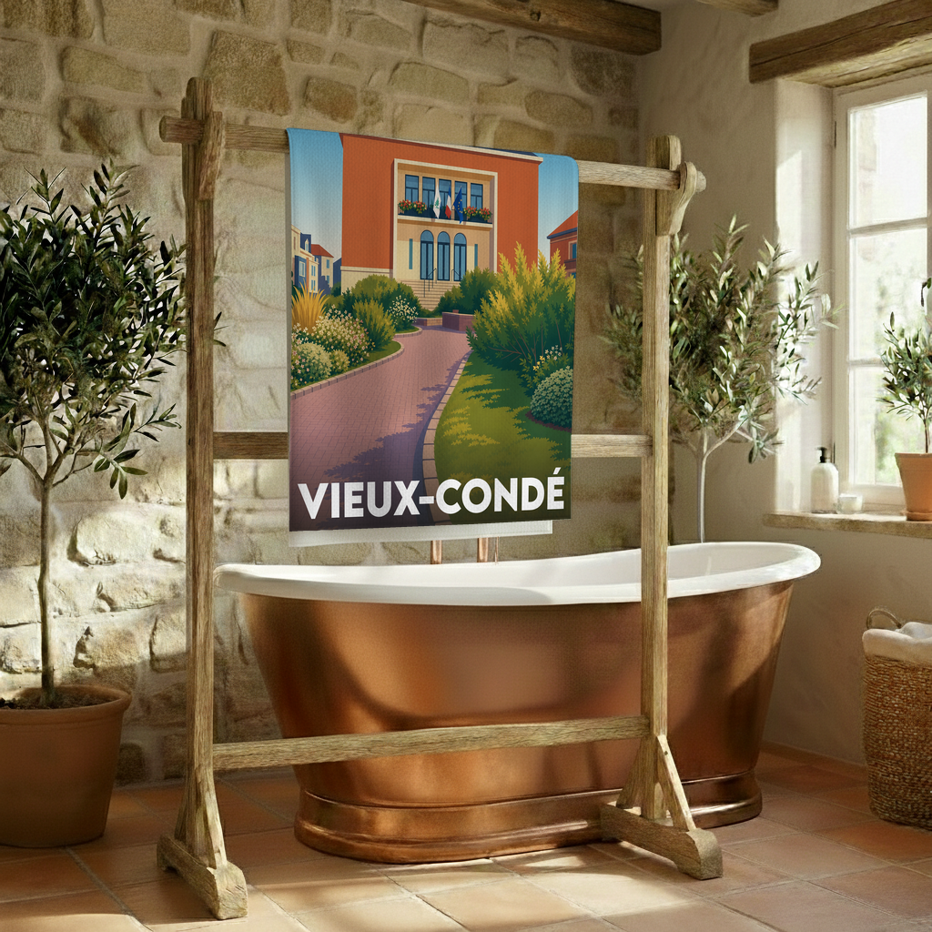 Serviette de bain souvenir de la ville de Vieux-Condé avec une illustration stylisée.