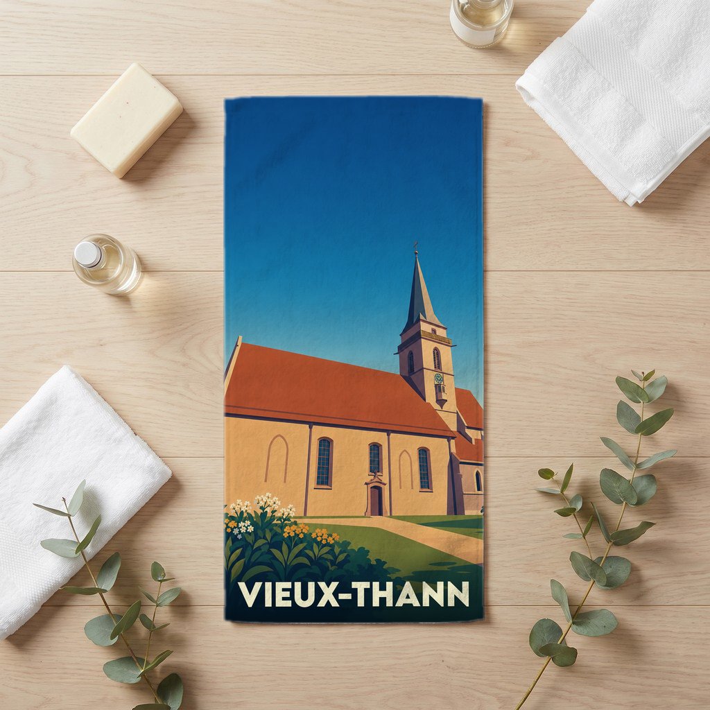 Serviette de bain souvenir de la ville de Vieux-Thann avec une illustration stylisée d'une église.