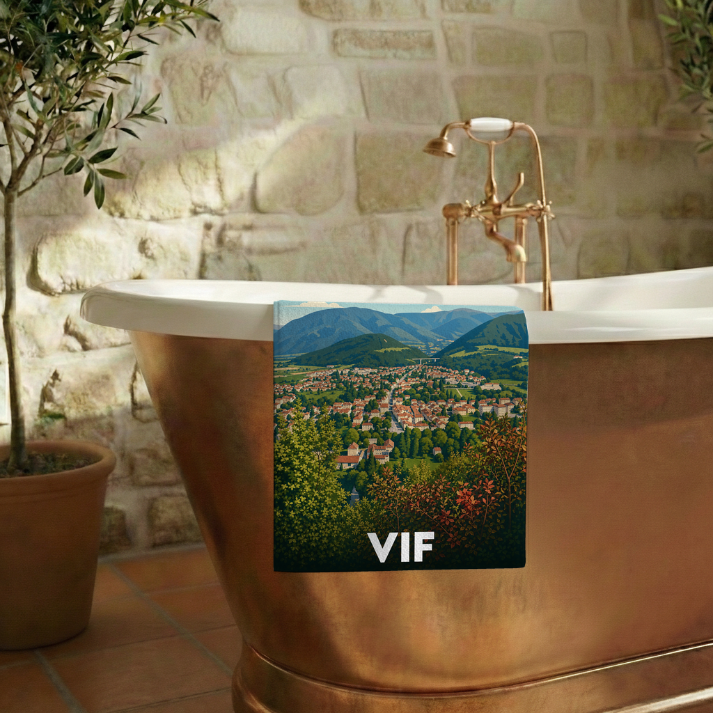 Serviette de bain souvenir de la ville de Vif avec une illustration stylisée.
