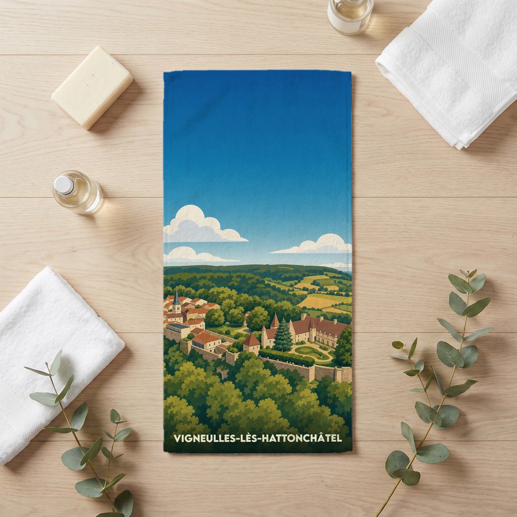 Serviette de bain souvenir de Vigneulles-lès-Hattonchâtel avec une illustration stylisée du village et de son château.
