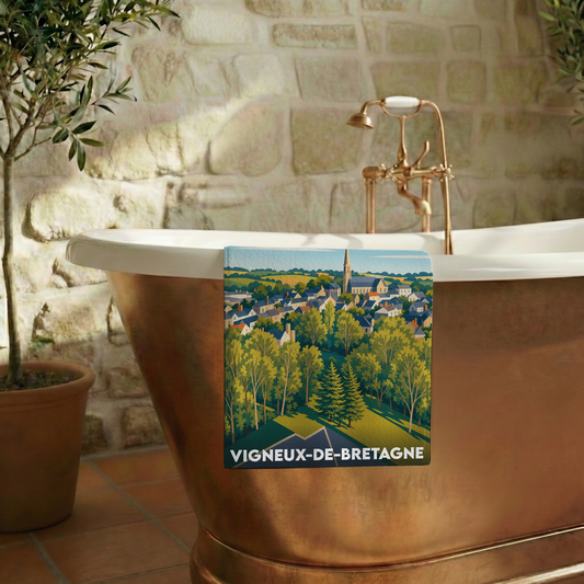 Serviette de bain souvenir de la ville de Vigneux-de-Bretagne avec une illustration stylisée.