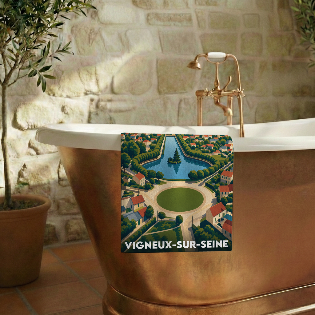 Serviette de bain souvenir de la ville de Vigneux-sur-Seine avec une illustration stylisée.