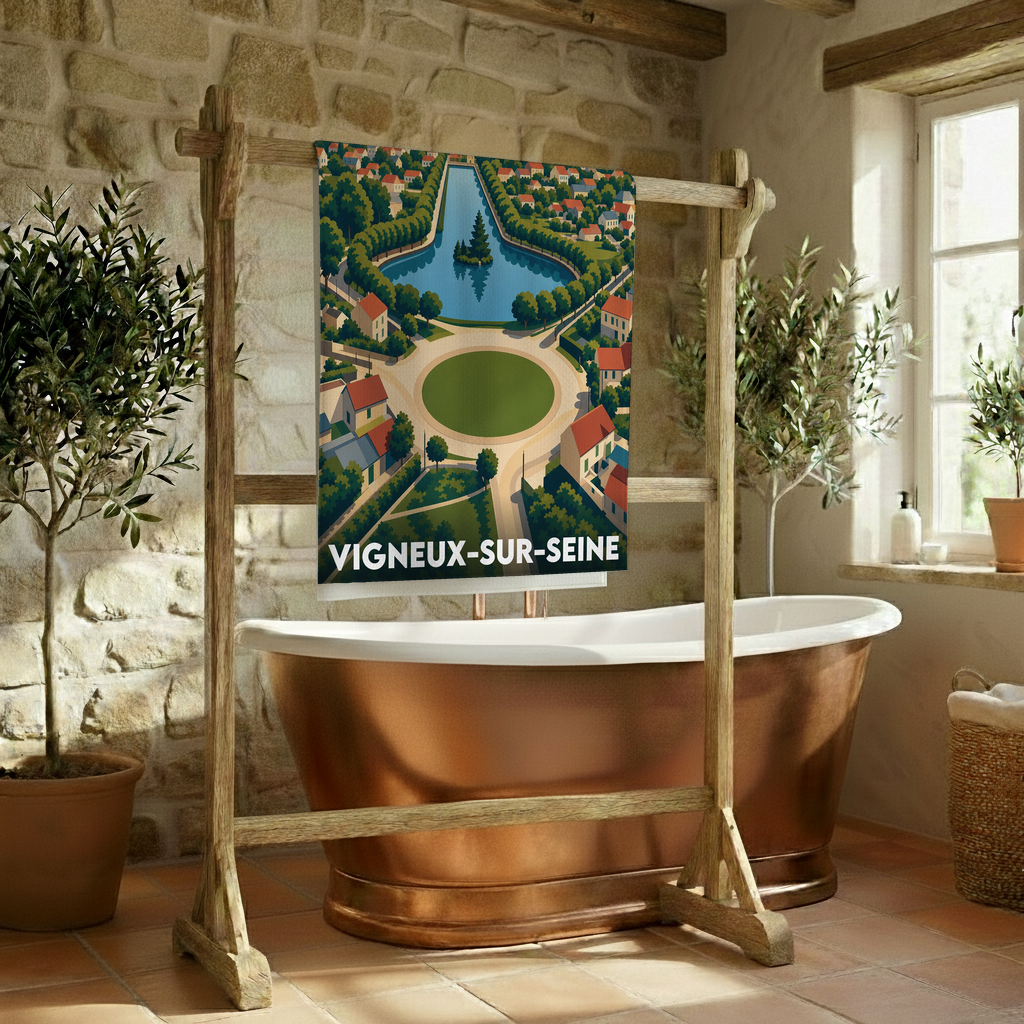 Serviette de bain souvenir de la ville de Vigneux-sur-Seine avec une illustration stylisée.