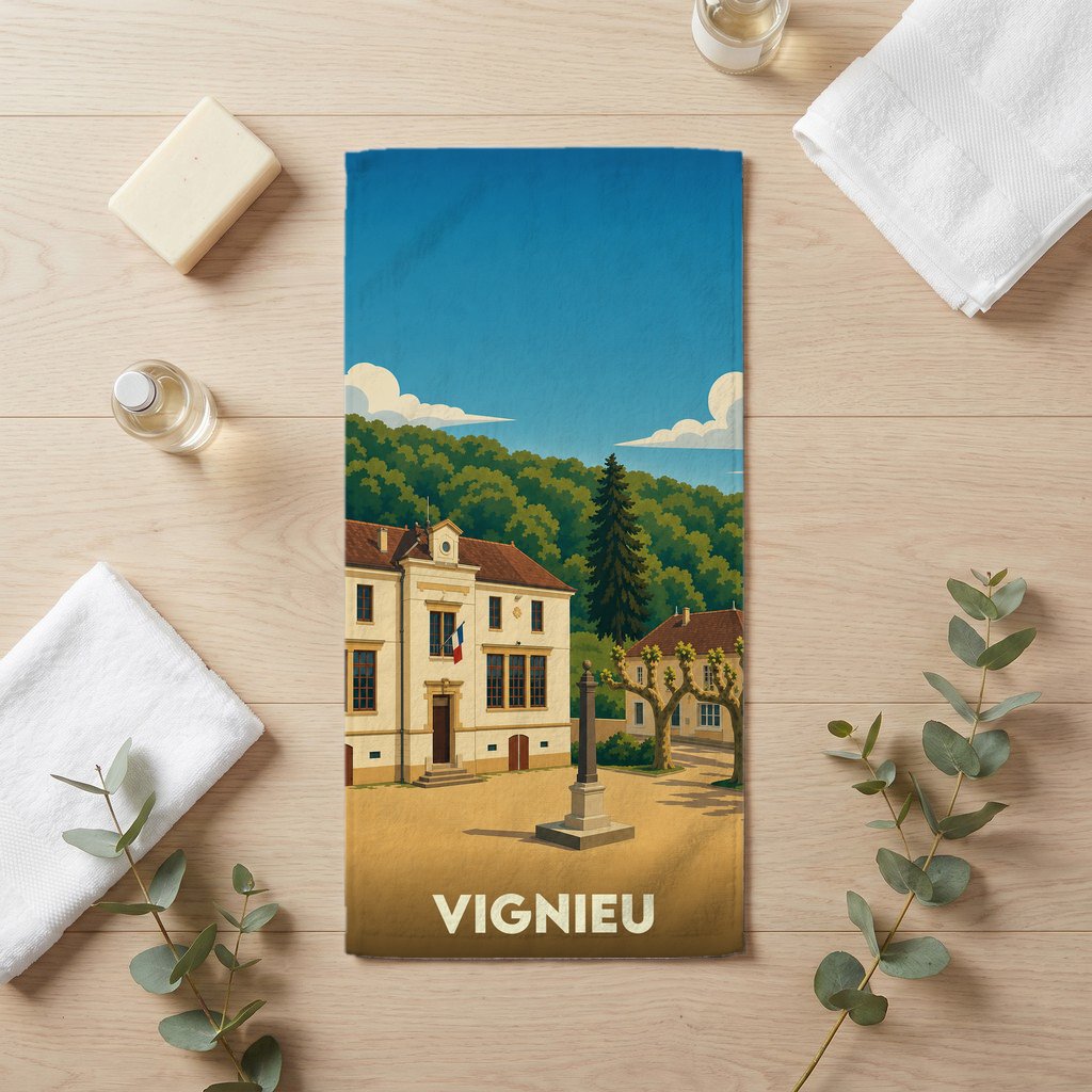 Serviette de bain souvenir de la ville de Vignieu avec une illustration stylisée d'une place provençale.