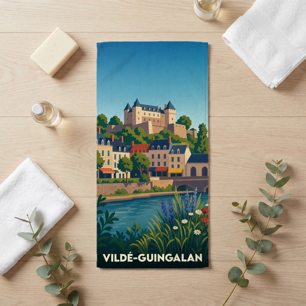 Serviette de bain souvenir de la ville de Vildé-Guingalan avec une illustration stylisée de son paysage urbain et de son château.
