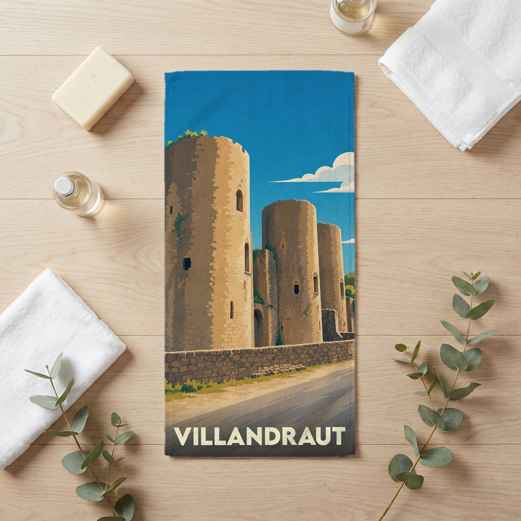 Serviette de bain souvenir de la ville de Villandraut illustrée d'un château médiéval stylisé.