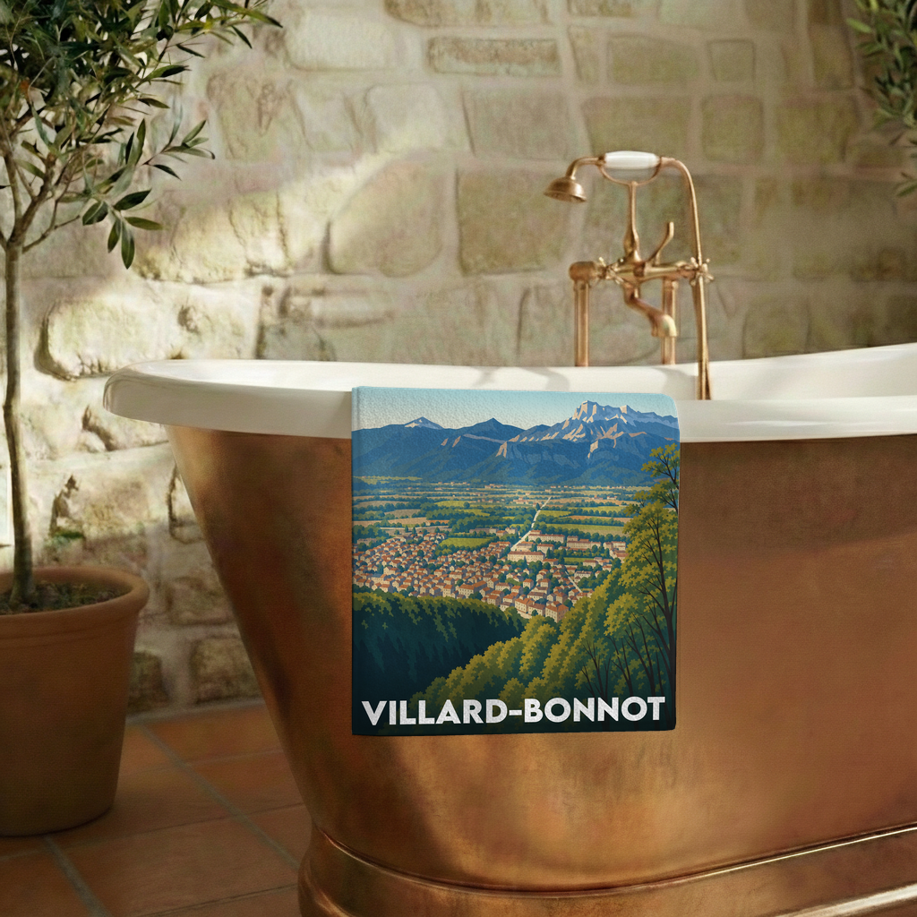 Serviette de bain souvenir de la ville de Villard-Bonnot avec une illustration de paysage de montagne.