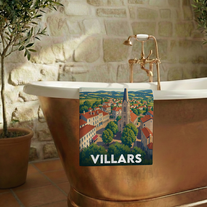 Serviette de bain souvenir de la ville de Villars avec une illustration stylisée.