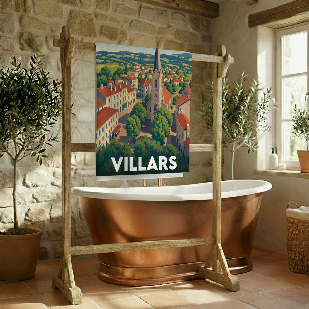 Serviette de bain souvenir de la ville de Villars avec une illustration stylisée.