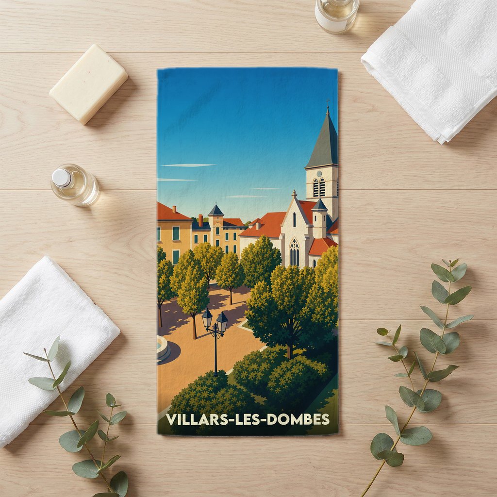Serviette de bain souvenir de la ville de Villars-les-Dombes avec une illustration stylisée.