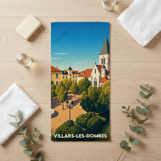 Serviette de bain souvenir de la ville de Villars-les-Dombes avec une illustration stylisée.